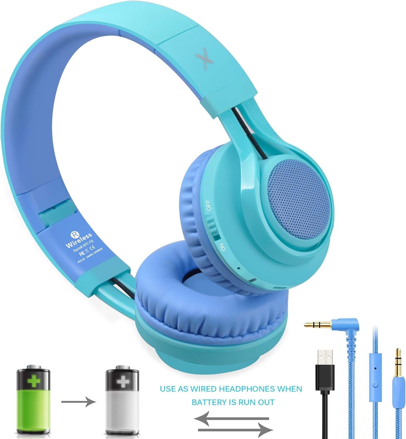 WT-7S Kids Bluetooth Headphones, LED Light up Wireless Foldable Stereo Headset with Microphone and Volume Control for Pc/Iphone/Tv/Ipad (Blue)