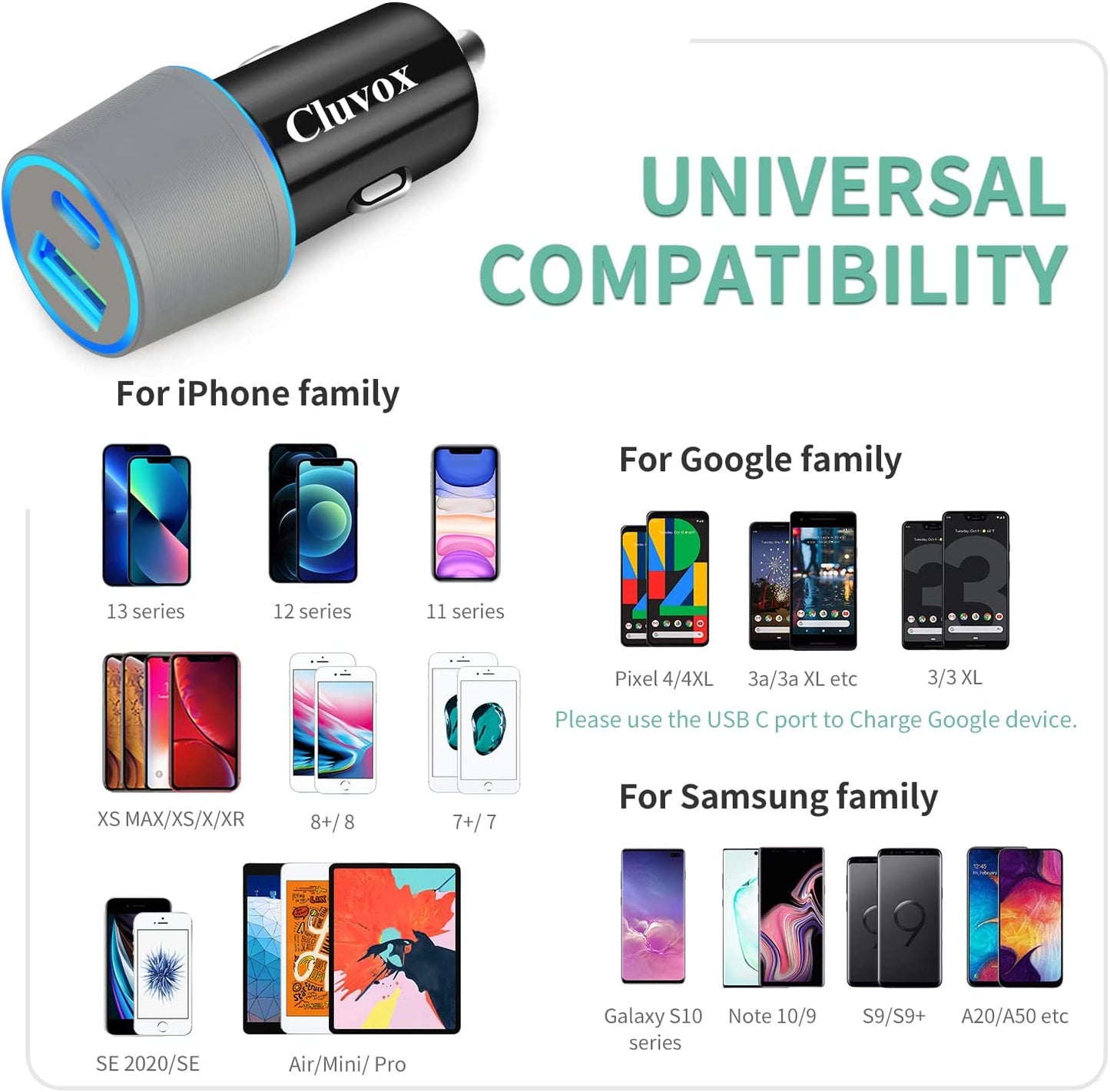 Dual USB Car Charger Adapter,  20W Fast Charge Car Charger Compatible for Iphone 15 Pro Max/Plus/14/13/12/11/Xs/Xr/8/Se 2020/Ipad 8Th/Pro/Air 4/Mini, Google Pixel, Samsung Cigarette USB Charger