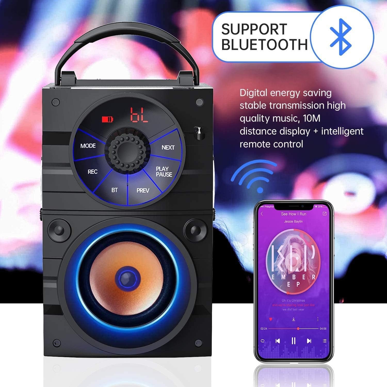 Portable Bluetooth Speaker with Subwoofer Wireless Speakers Outdoor/Indoor Big Support Remote Control FM Radio TF Card LED Lights MP3 Player Party for Home Camping Iphone Computer PC