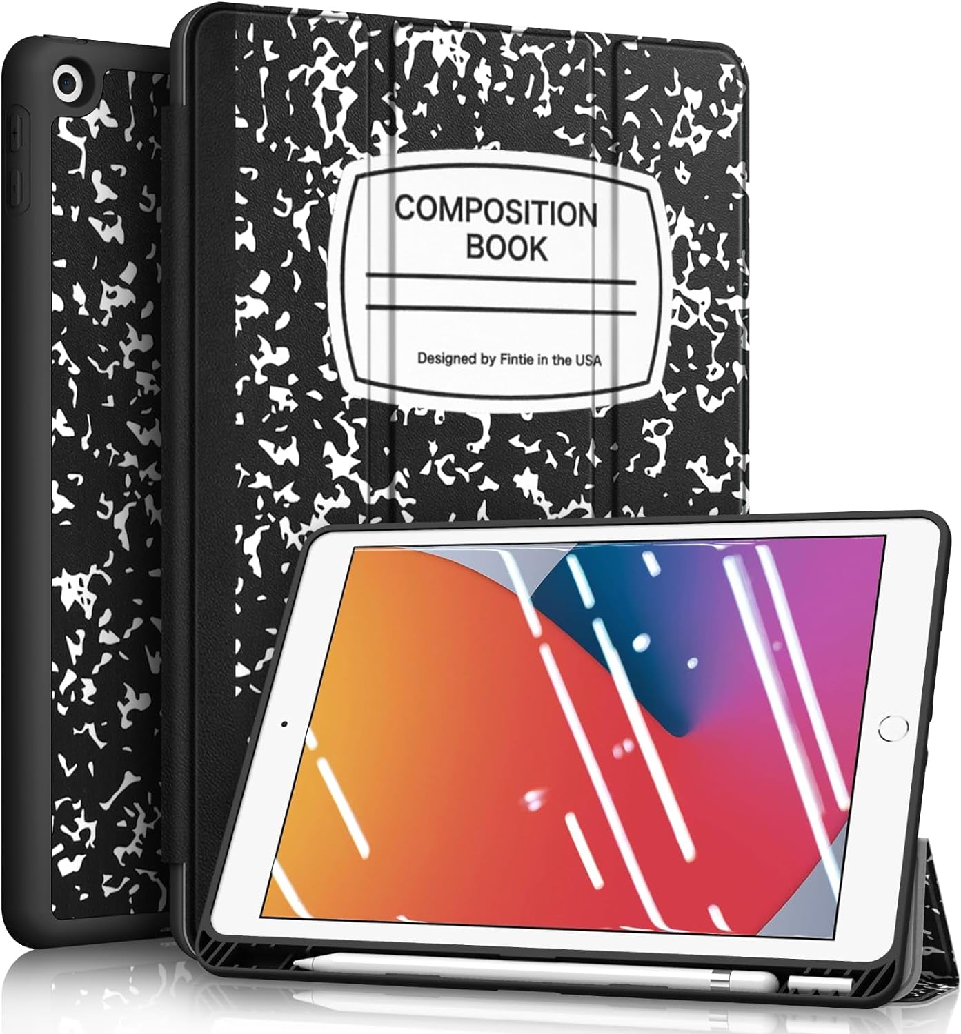 Slimshell Case for Ipad 9Th / 8Th / 7Th Generation (2021/2020/2019 Model) 10.2 Inch - [Built-In Pencil Holder] Soft TPU Protective Stand Back Cover with Auto Wake/Sleep, Composition Book Black