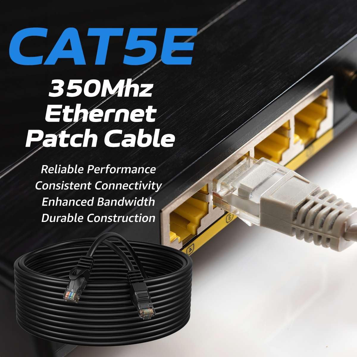 100Ft Black Cat5E Ethernet Network Patch Cable Internet Wire for Modem, Router, Pc, TV, Consoles