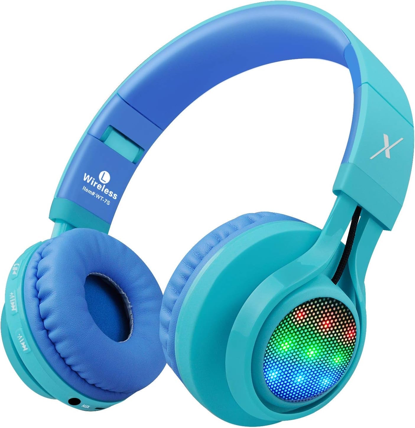 WT-7S Kids Bluetooth Headphones, LED Light up Wireless Foldable Stereo Headset with Microphone and Volume Control for Pc/Iphone/Tv/Ipad (Blue)