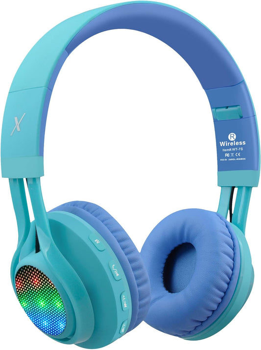 WT-7S Kids Bluetooth Headphones, LED Light up Wireless Foldable Stereo Headset with Microphone and Volume Control for Pc/Iphone/Tv/Ipad (Blue)