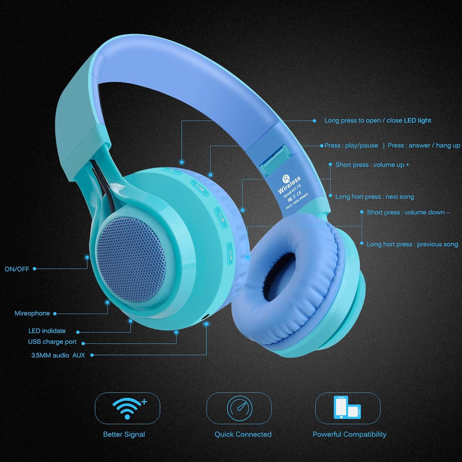 WT-7S Kids Bluetooth Headphones, LED Light up Wireless Foldable Stereo Headset with Microphone and Volume Control for Pc/Iphone/Tv/Ipad (Blue)